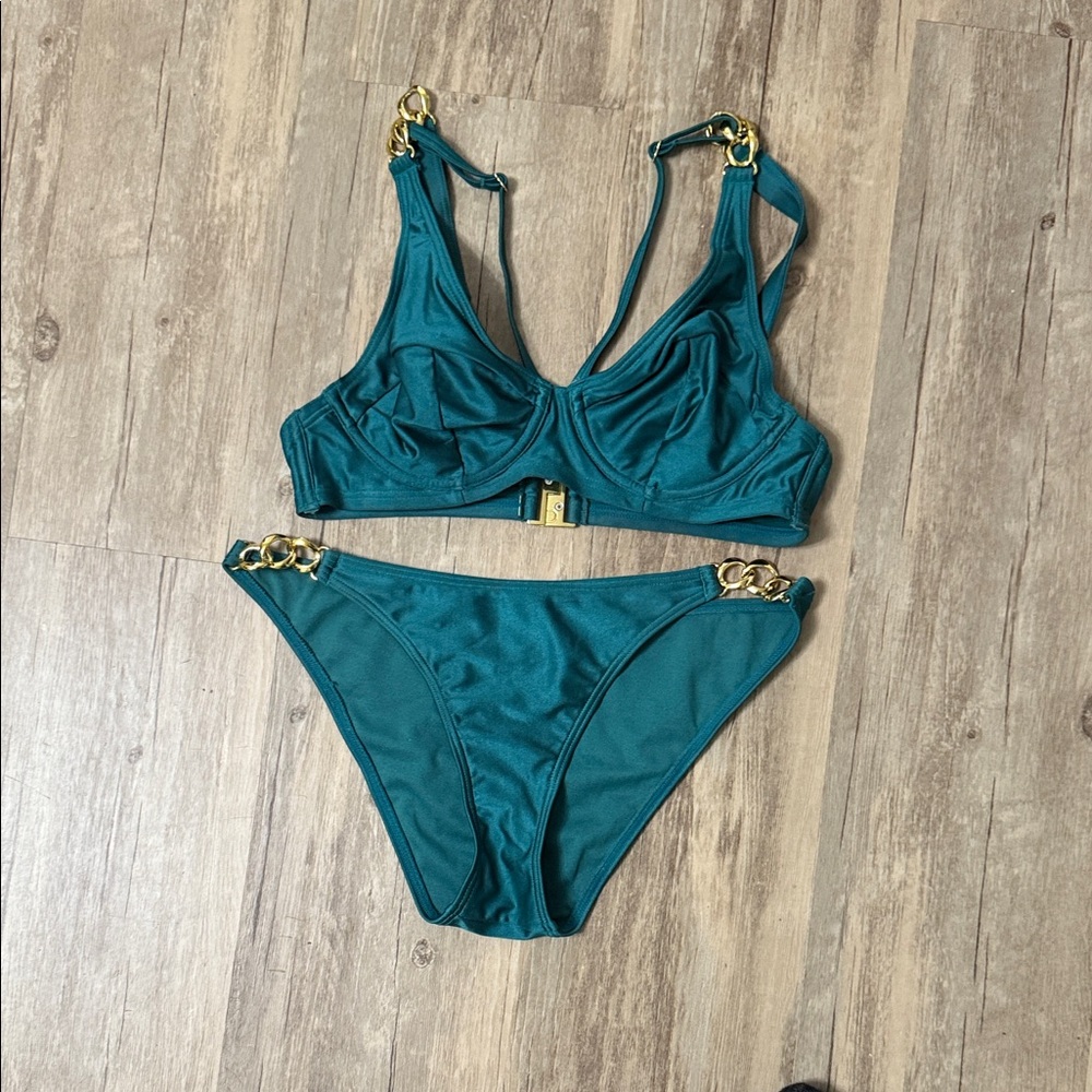 Elegant Teal Bikini with Gold Details